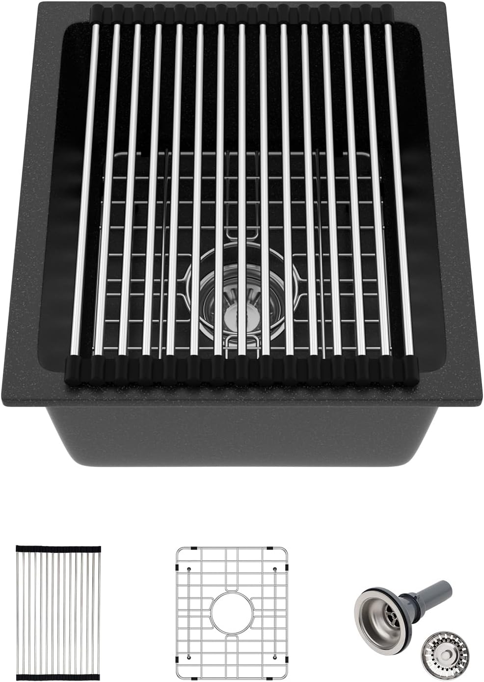 Black Undermount Kitchen Sink 15in x18in  Granite Composite Bar Sink Black Small Granite Sink Undermount Quartz Modern Under Counter Ledge Single Bowl Kitchen Sinks Basin Deep Sink,LOF-Q452Z