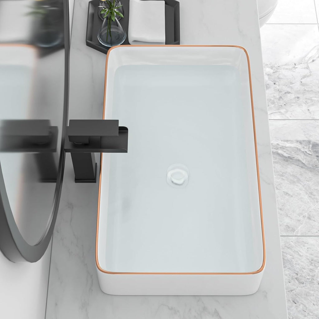 Bathroom Vessel Sink 24in x14in  Rectangular White Vessel Sink with Gold Rim Ceramic Porcelain Bowl Sinks for Bathrooms Above Counter Vessel Sink Rectangule Lavatory Vanity Sink Basin