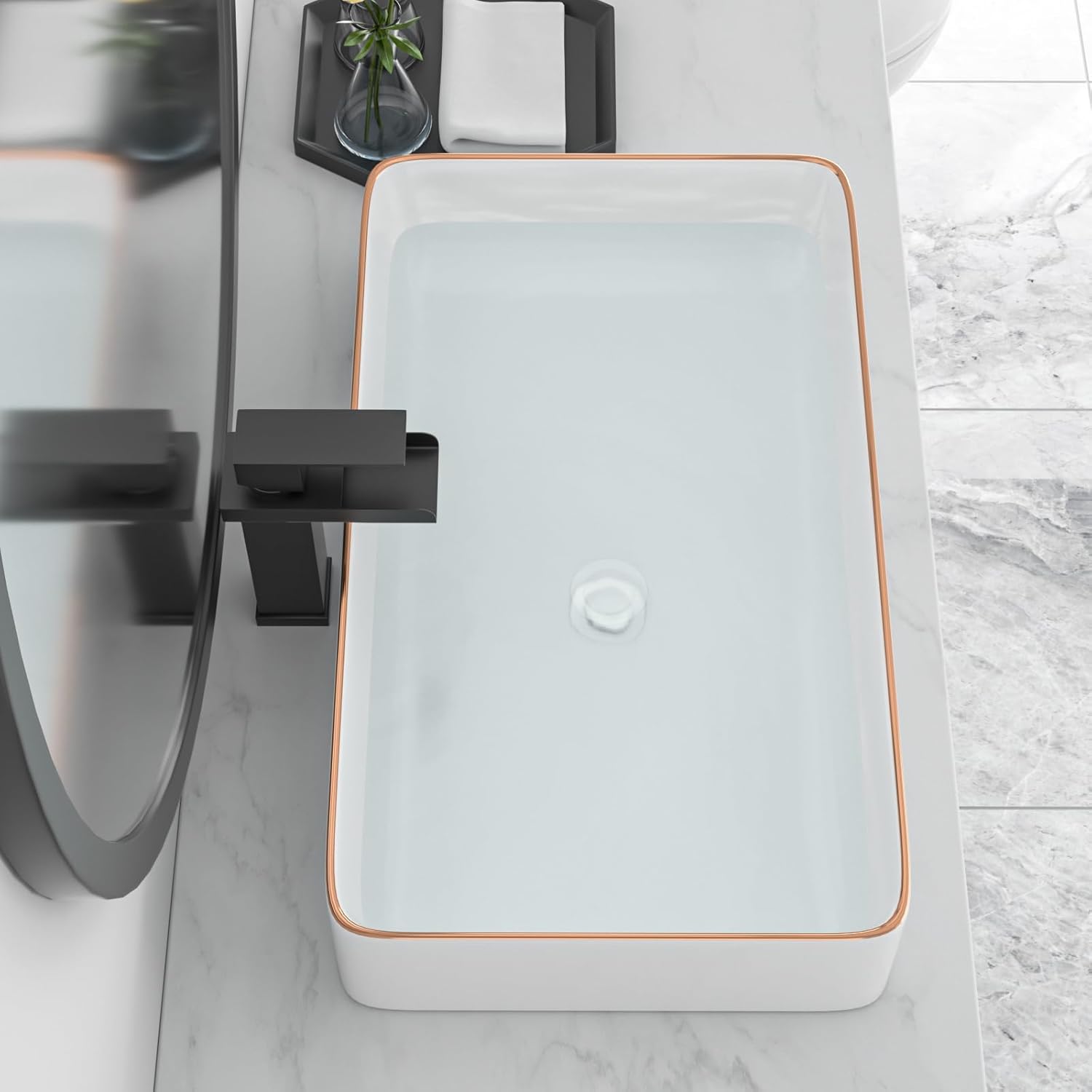 Bathroom Vessel Sink 24in x14in  Rectangular White Vessel Sink with Gold Rim Ceramic Porcelain Bowl Sinks for Bathrooms Above Counter Vessel Sink Rectangule Lavatory Vanity Sink Basin