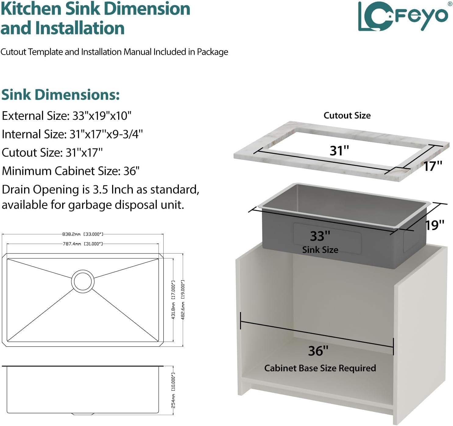 33 inch Undermount Kitchen Sink 33in X19in  16 Guage 304 Stainless Steel Single Bowl Kitchen Sink Moden Handmade Under Counter Large Kitchen Sink Deep Sink Basin