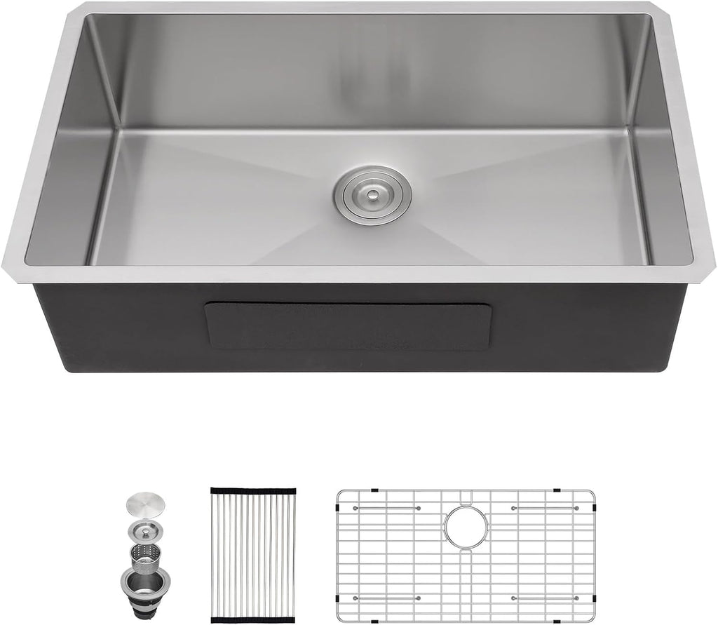 33 inch Undermount Kitchen Sink 33in X19in  16 Guage 304 Stainless Steel Single Bowl Kitchen Sink Moden Handmade Under Counter Large Kitchen Sink Deep Sink Basin