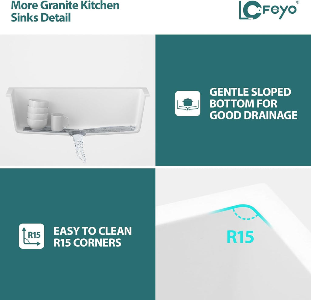 33 Inch White Granite Composite Quartz Undermount Single Bowl Kitchen Sink Under Counter Contemporary Kitchen Deep Sink Basin 33in x19in