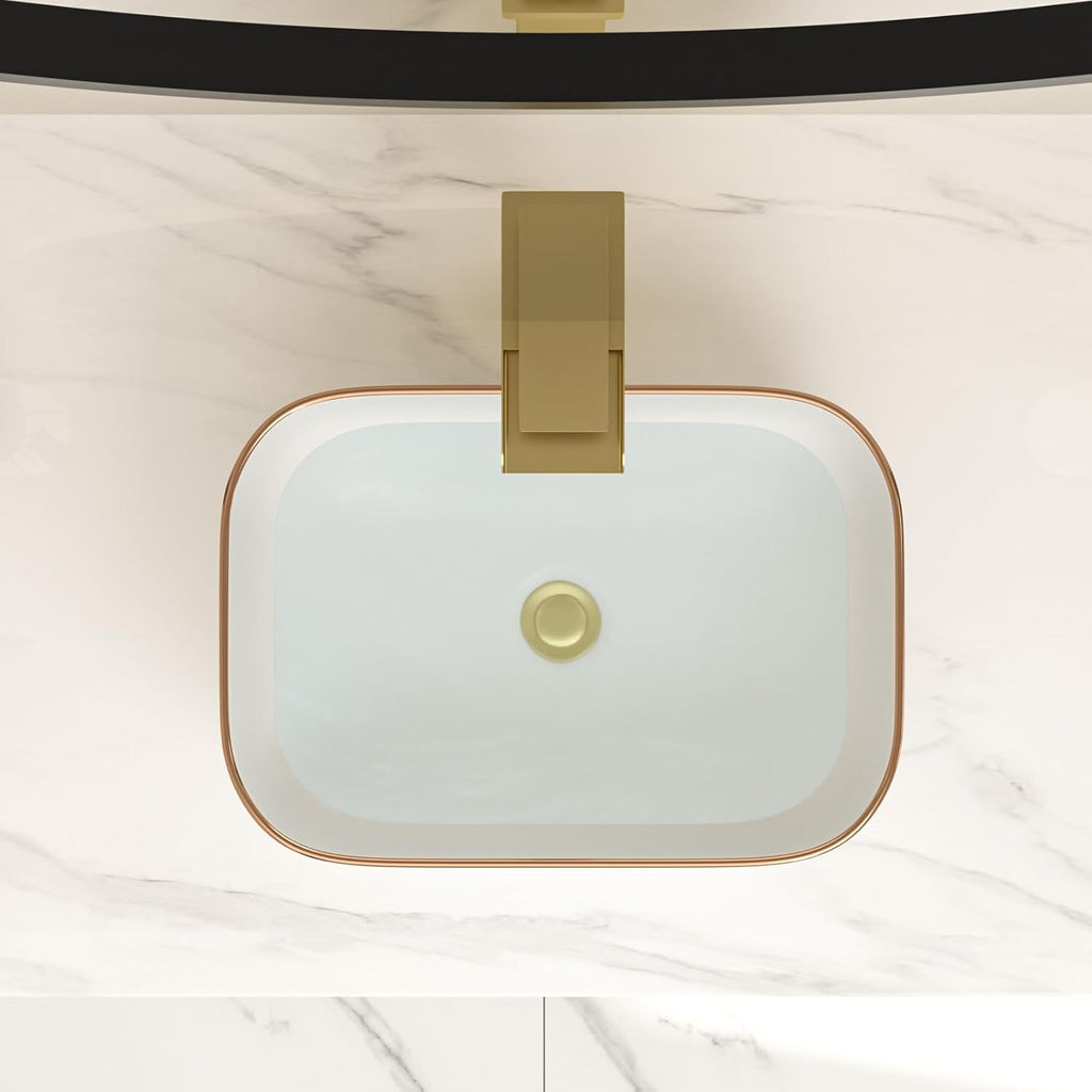 Bowl Sink for Bathroom 15in  x 10in  Rectangle Boat Shape White Vessel Sink with Gold Rim Above Counter Porcelain Ceramic Round Oval Modern Artistic Basin Bowl Sink LOF-15105-GB