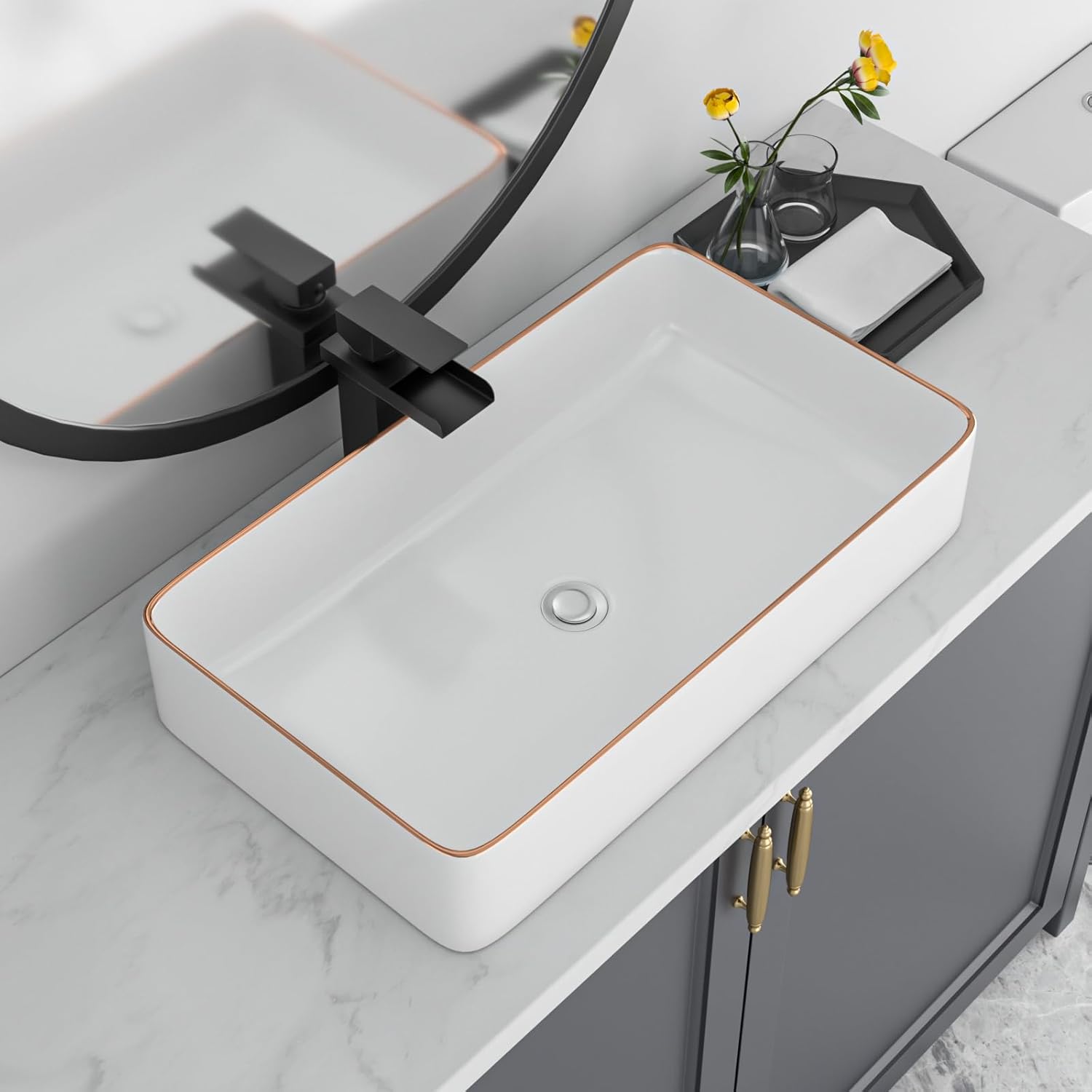 Bathroom Vessel Sink 24in x14in  Rectangular White Vessel Sink with Gold Rim Ceramic Porcelain Bowl Sinks for Bathrooms Above Counter Vessel Sink Rectangule Lavatory Vanity Sink Basin