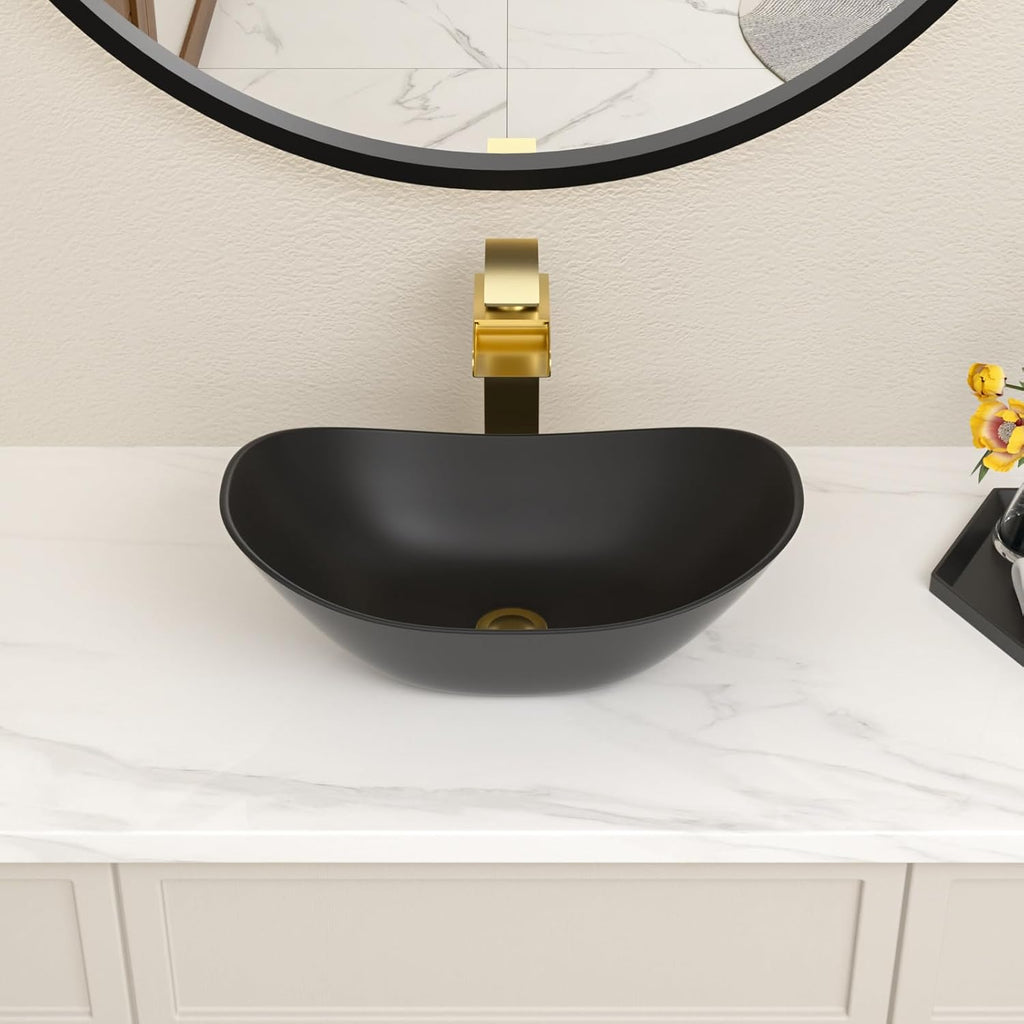 Bowl Sinks For Bathrooms 17in  x 11in  Oval Black Vessel Sink Modern Boat Shape Artistic Basin Bathroom Vessel Sink Above Counter Porcelain Ceramic Black Vessel Sink Small Deep Vessel Sink