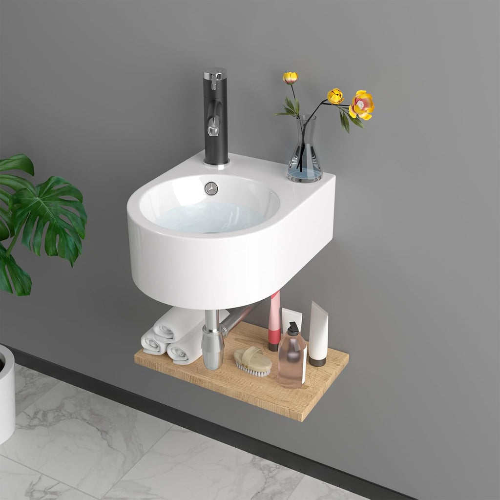 13in X10in  Wall Mount Sink Round Shape Deep Modern Floating Sink Small Corner Sink Tiny Bathroom Sink Round Bowl Sink For Bathrooms Wall Hung Sink Bowl Basin Sink Wall Mount Bathroom Sink