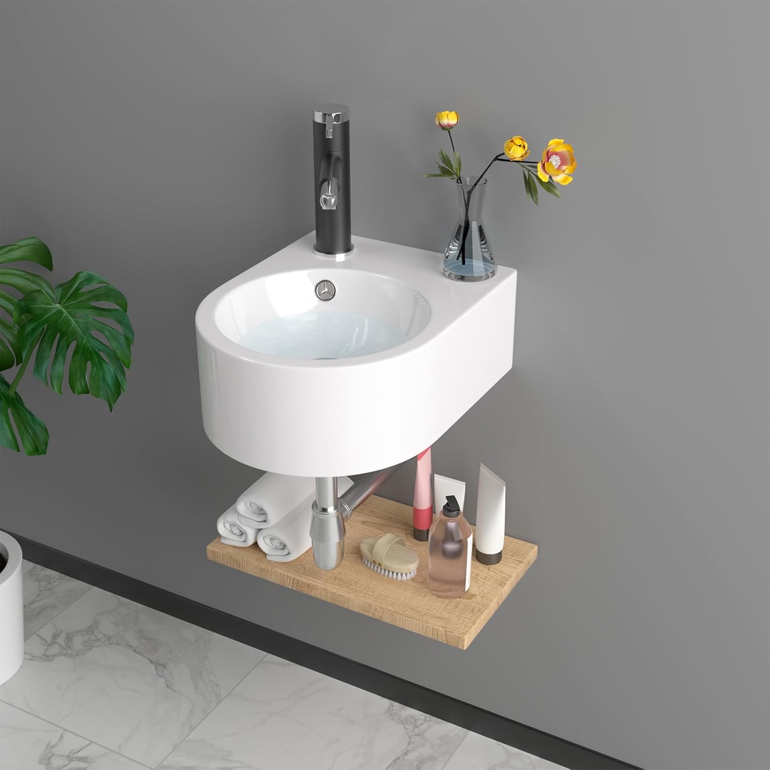 13in X10in  Wall Mount Sink Round Shape Deep Modern Floating Sink Small Corner Sink Tiny Bathroom Sink Round Bowl Sink For Bathrooms Wall Hung Sink Bowl Basin Sink Wall Mount Bathroom Sink