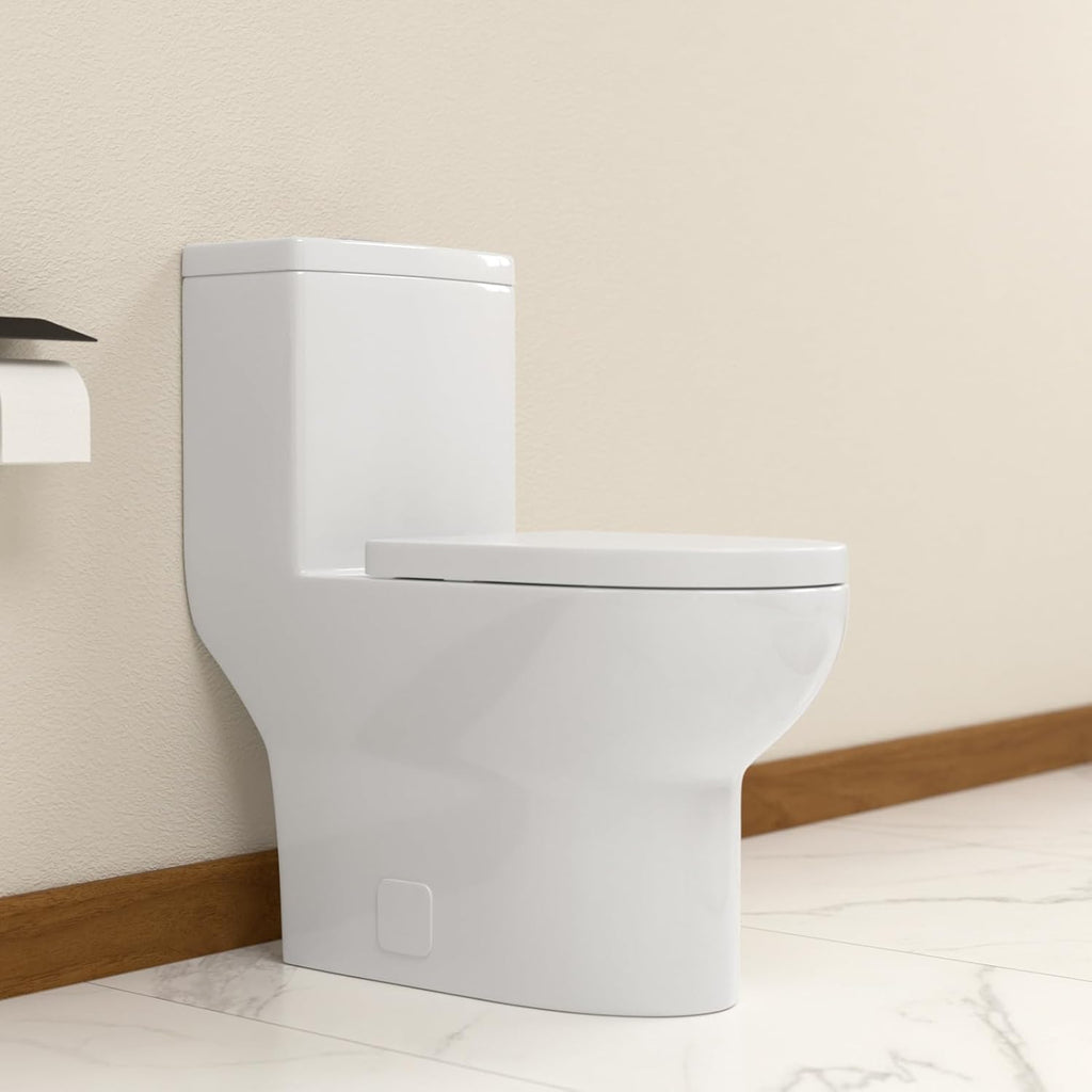Elongated Dual Flush Toilet 0.8/1.28 GPF One Piece Toilet Compact Toilet Quick Flush Toilet With Comfortable Seat Hight Powerful Quick Modern Standard White Bathroom Toilet LOF-T1025