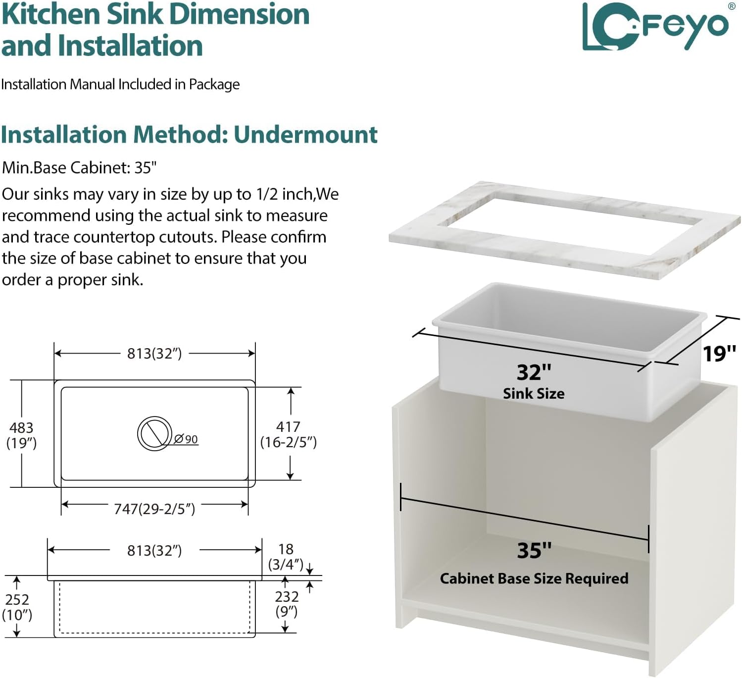 32in  White Undermount Kitchen Sink Lofeyo Farmhouse Fireclay Porcelain Single Bowl Sinks,Dual Mount Round Corner,32in x19in x10in ,LOF-LWFS3219