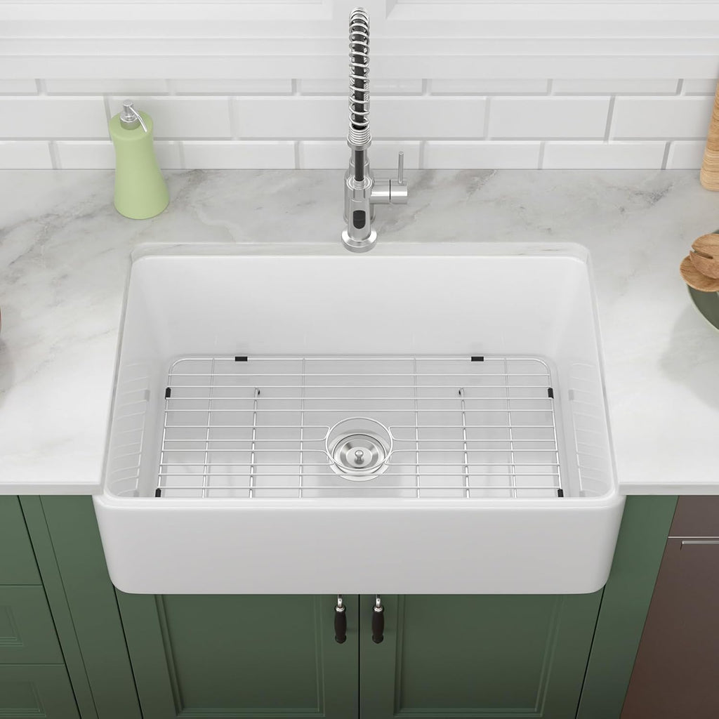 30 Farmhouse Kitchen Sink Lofeyo 30in x20in x9in  White Farmhouse Kitchen Sink Flat Apron Front White Ceramic Porcelain Fireclay Single Bowl Rectangular Farmer Sink Basin,LOF-LWFS30209