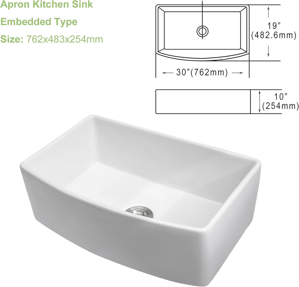 30 Curved Apron Kitchen Sink -Lofeyo 30 x 19 Inch Farmhouse Sink Curved Apron Front Single Bowl White Ceramic Porcelain Fireclay Farm Sink Basin