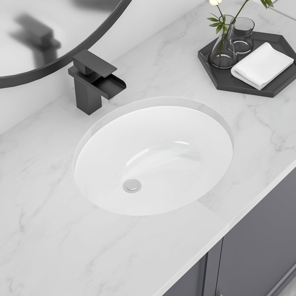 Undermount Bathroom Sink, Lofeyo 18''x15'' Oval Undermount Bathroom Sink White Porcelain Ceramic Bathroom Vessel Sink Under Counter Vanity Sink Top Bowl Lavatory Basin, inner dimension 16in  x 13in