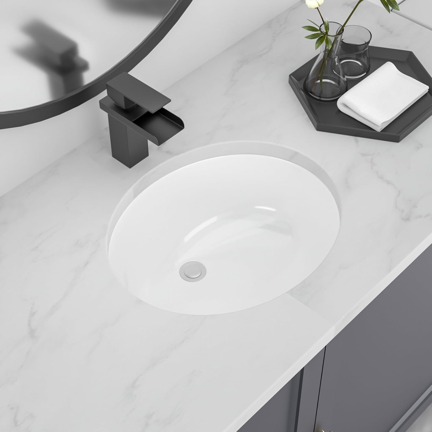 Undermount Bathroom Sink, Lofeyo 18''x15'' Oval Undermount Bathroom Sink White Porcelain Ceramic Bathroom Vessel Sink Under Counter Vanity Sink Top Bowl Lavatory Basin, inner dimension 16in  x 13in