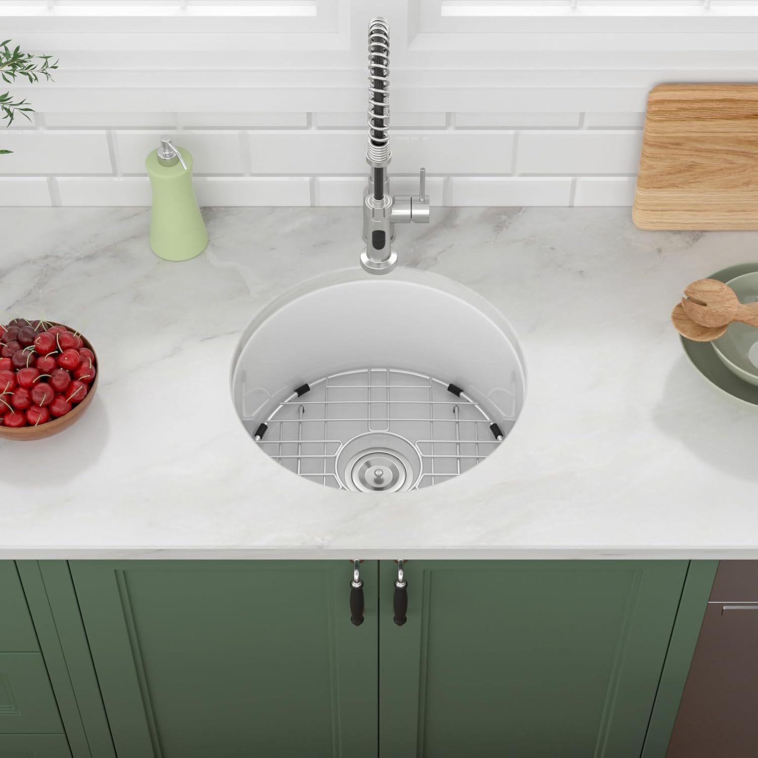 White Undermount Kitchen Sink 18in x18in  Round White Undermount Sink Round Ceramic Fireclay Single Bowl Deep Bar Sink with Sink Grid and Basket Strainer.LOF-LWFS1818