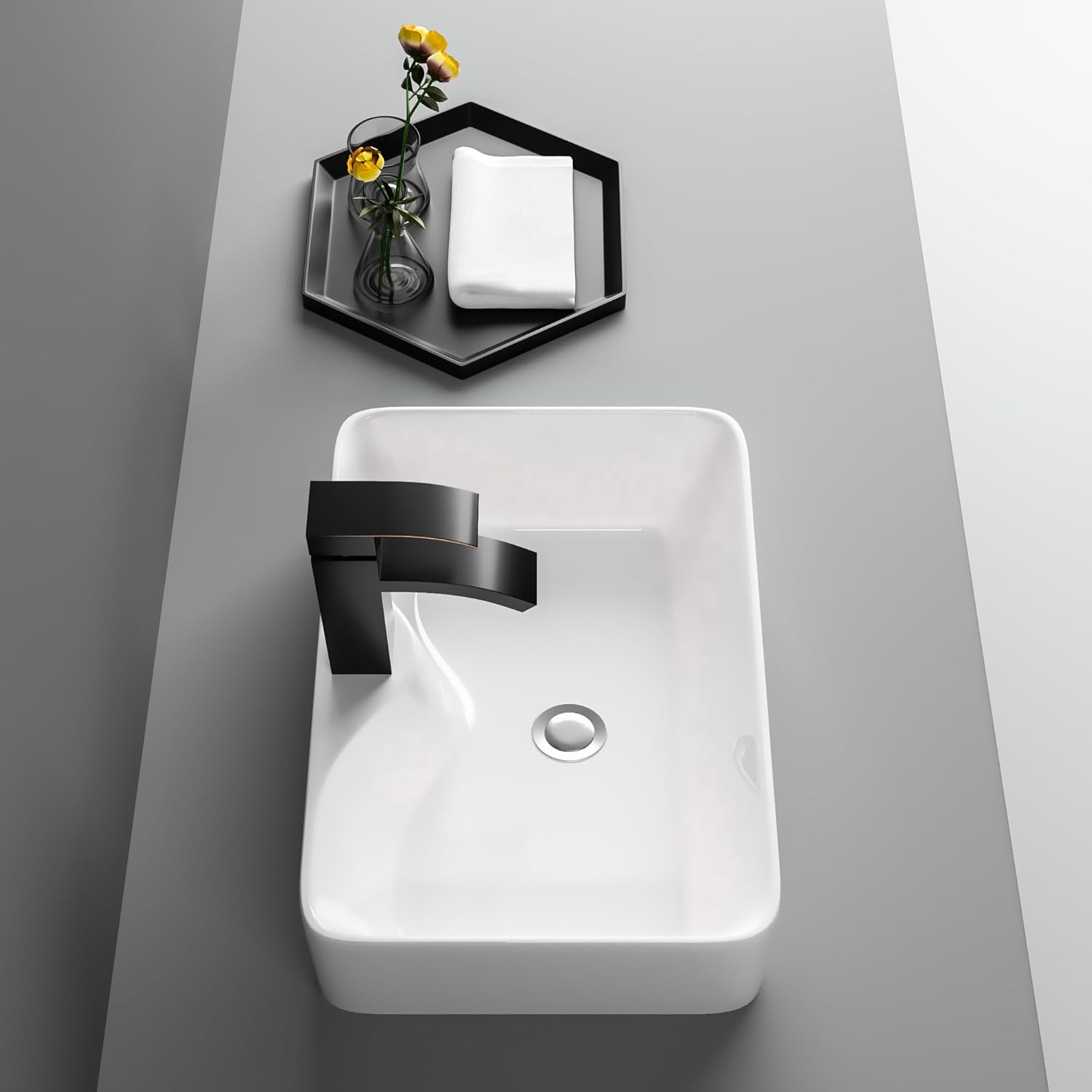 19in x15in  Vessel Sink Rectangule Bowl Sinks for Bathrooms White Vessel Sink with Faucet Hole Above Counter Rectangular Ceramic Porcelain Lavatory Vanity Sink Basin Large Vessel Bathroom Sink