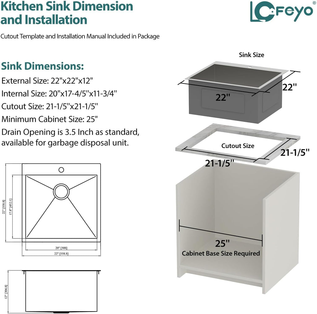 22in  x 22in  x 12in  Laundry Sink Utility Sink Drop in Topmount 16 Gauge Stainless Steel 12in  Deep Single Bowl Deep Laundry Utility Rv Outdoor Sink Basin