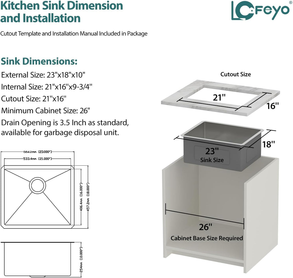 23in  x 18in  Undermount Sink 304 Stainless Steel 16 Gauge Single Bowl Deep Kitchen Sink Undermount Bar Prep Rv Outdoor Garage Handmade Modern Sink Basin