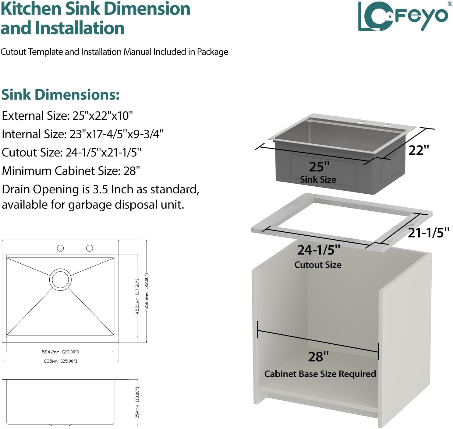 25in x22in  Drop In Kitchen Sink Top mount Workstation 16 Gauge Stainless Steel Handmade Contemporary Single Bowl Deep Kitchen Sink