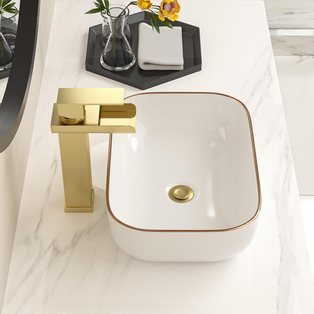 Bowl Sink for Bathroom 15in  x 10in  Rectangle Boat Shape White Vessel Sink with Gold Rim Above Counter Porcelain Ceramic Round Oval Modern Artistic Basin Bowl Sink LOF-15105-GB