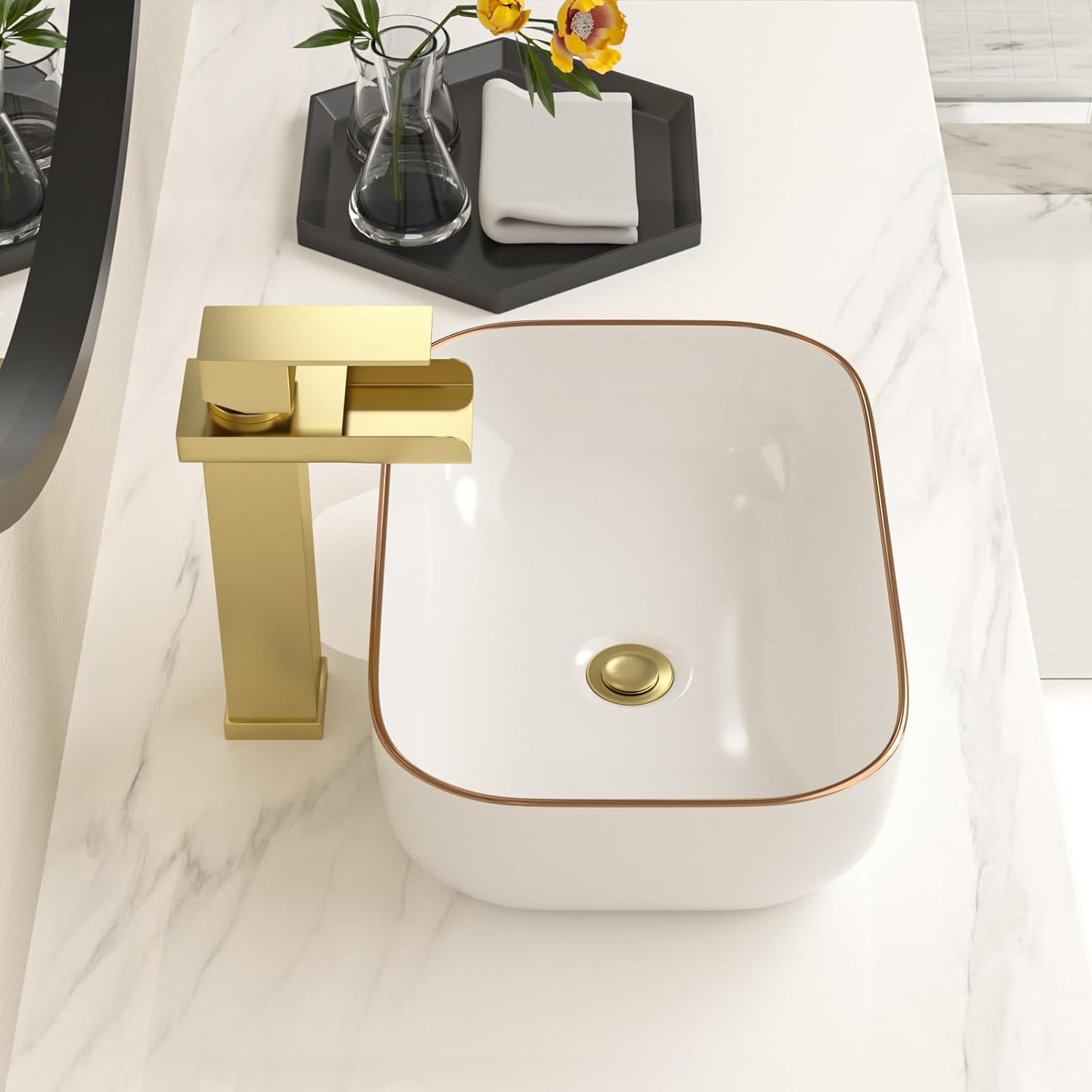 Bowl Sink for Bathroom 15in  x 10in  Rectangle Boat Shape White Vessel Sink with Gold Rim Above Counter Porcelain Ceramic Round Oval Modern Artistic Basin Bowl Sink LOF-15105-GB