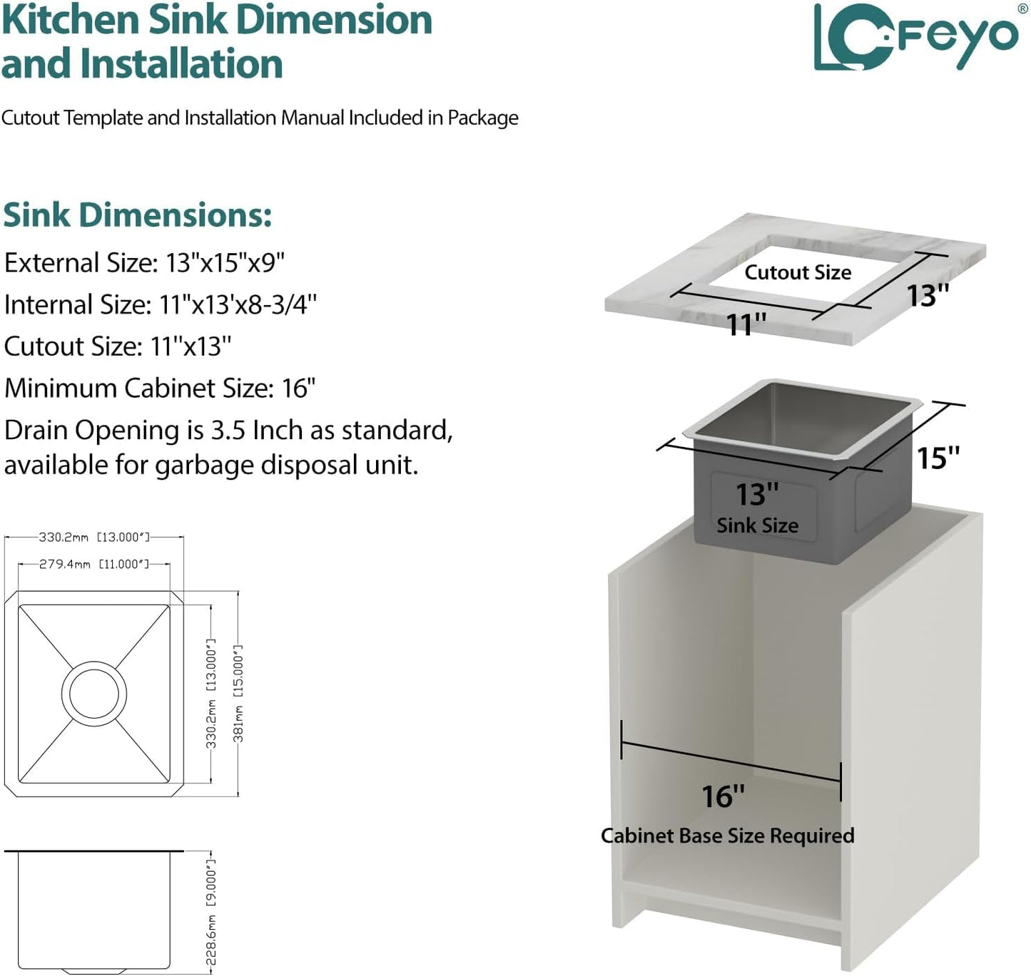 13in  x 15in  Bar Sink Undermount Kitchen Bar Sink Stainless Steel 16 Gauge Single Bowl Deep Undermount Bar Prep Sink Basin Rv Outdoor Garage