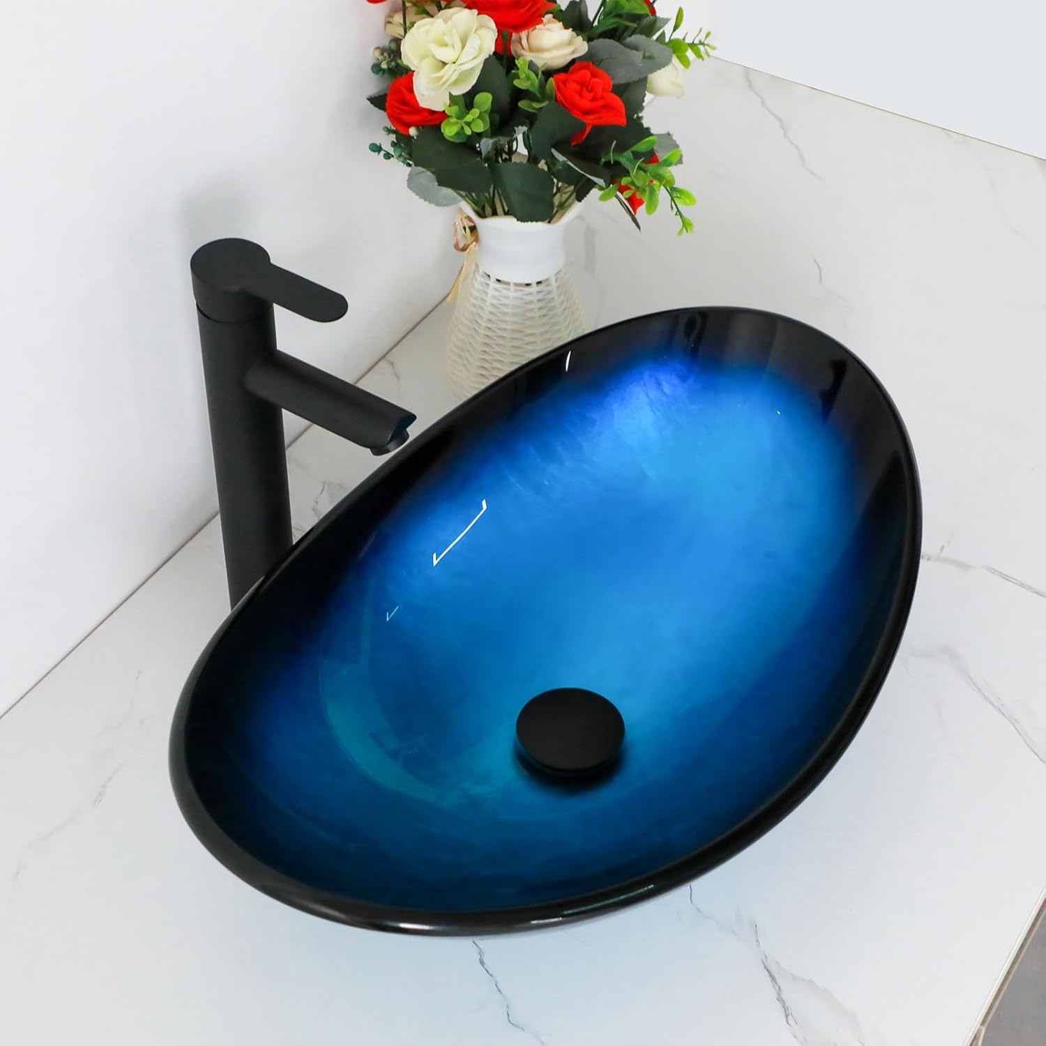 Bowl Sinks For Bathrooms 21in  Blue Glass Vessel Sink With Faucet And Drain Combo Modern Boat Shape Artistic Basin Bathroom Vessel Sink Above Counter Small 6in  Deep Oval Vessel Sink Lof-BL33553