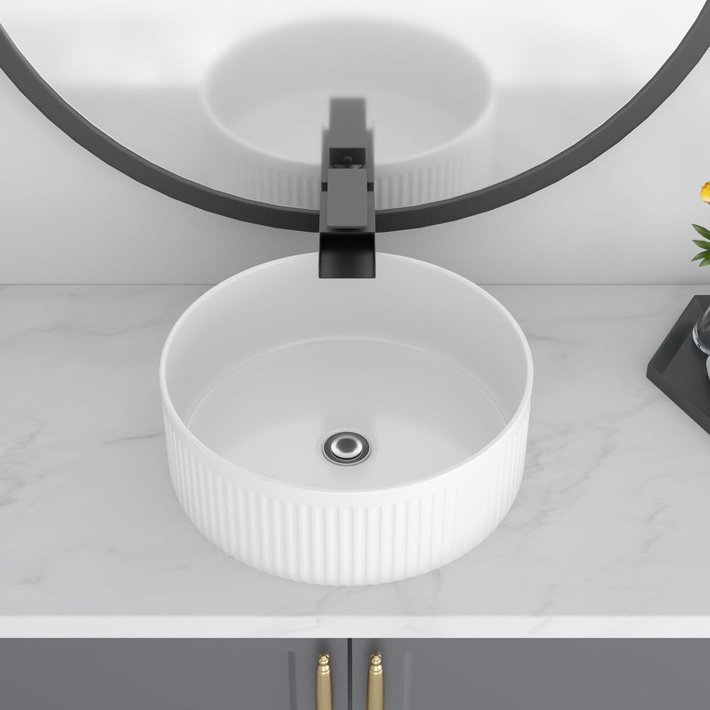 Bowl Sinks For Bathrooms 15in X15in  White Round Vessel Sink With Vertical Stripe Smal Above Counter Bathroom Sink White Porcelain Bowl Sink Bathrooms Ceramic Deep Modern Artistic Basin Sinks