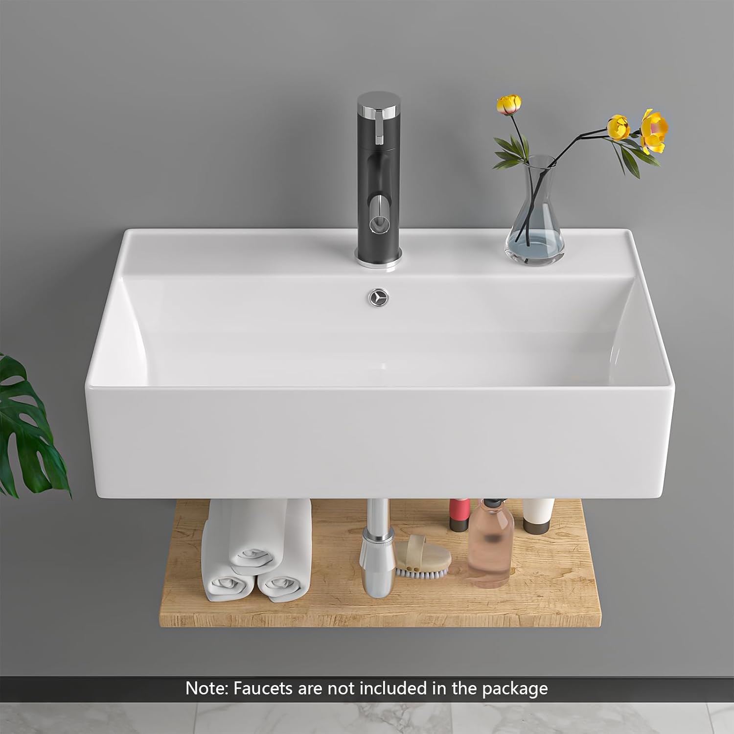 Vessel Sink, Lofeyo 21in x12in  Bathroom Wall Mount Floating Sink Rectangular White Porcelain Ceramic Vessel Vanity Sink Art Basin Middle Faucet Hole
