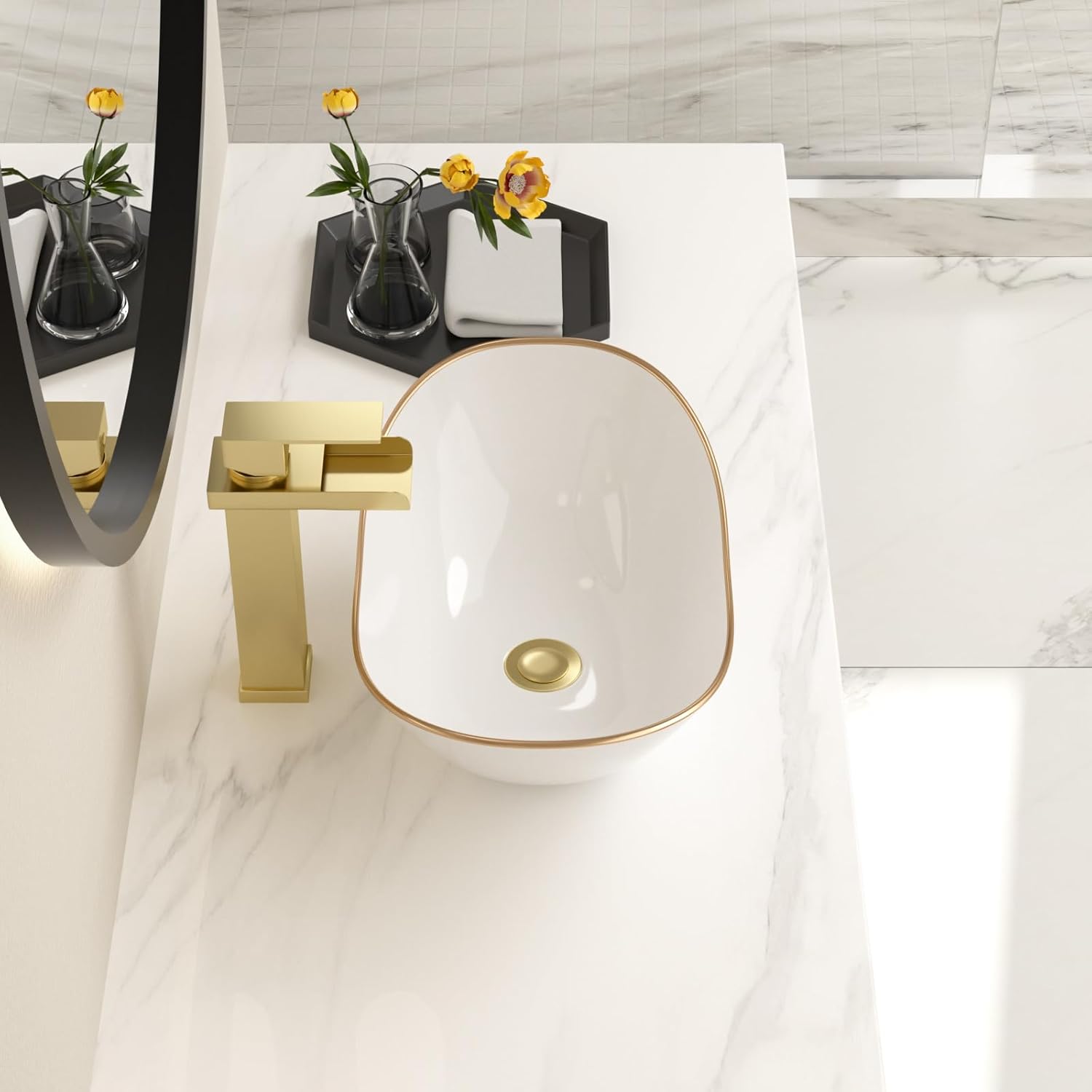 Bowl Sinks For Bathrooms 17in  x 11in  Oval White Vessel Sink With Gold Rim Modern Boat Shape Artistic Basin Bathroom Vessel Sink Above Counter Porcelain Ceramic Vessel Sink Small Deep Vessel Sink