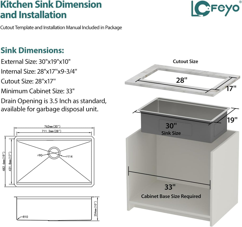 30in x19in  Undermount Workstation Kitchen Sink 16 Gauge Stainless Steel Under Counter Single Bowl Ledge Handmade Contemporary Deep Kitchens