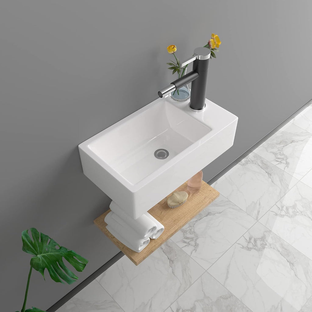 Wall Mount Sink, Lofeyo 18in x10in  Small Bathroom Sink Corner Sink Floating Vessel Sinks Rectangle White Small Vessel Sink For Bathroom Ceramic Porcelain Wall Hung Sink Rectangular Modern Vessel Sink