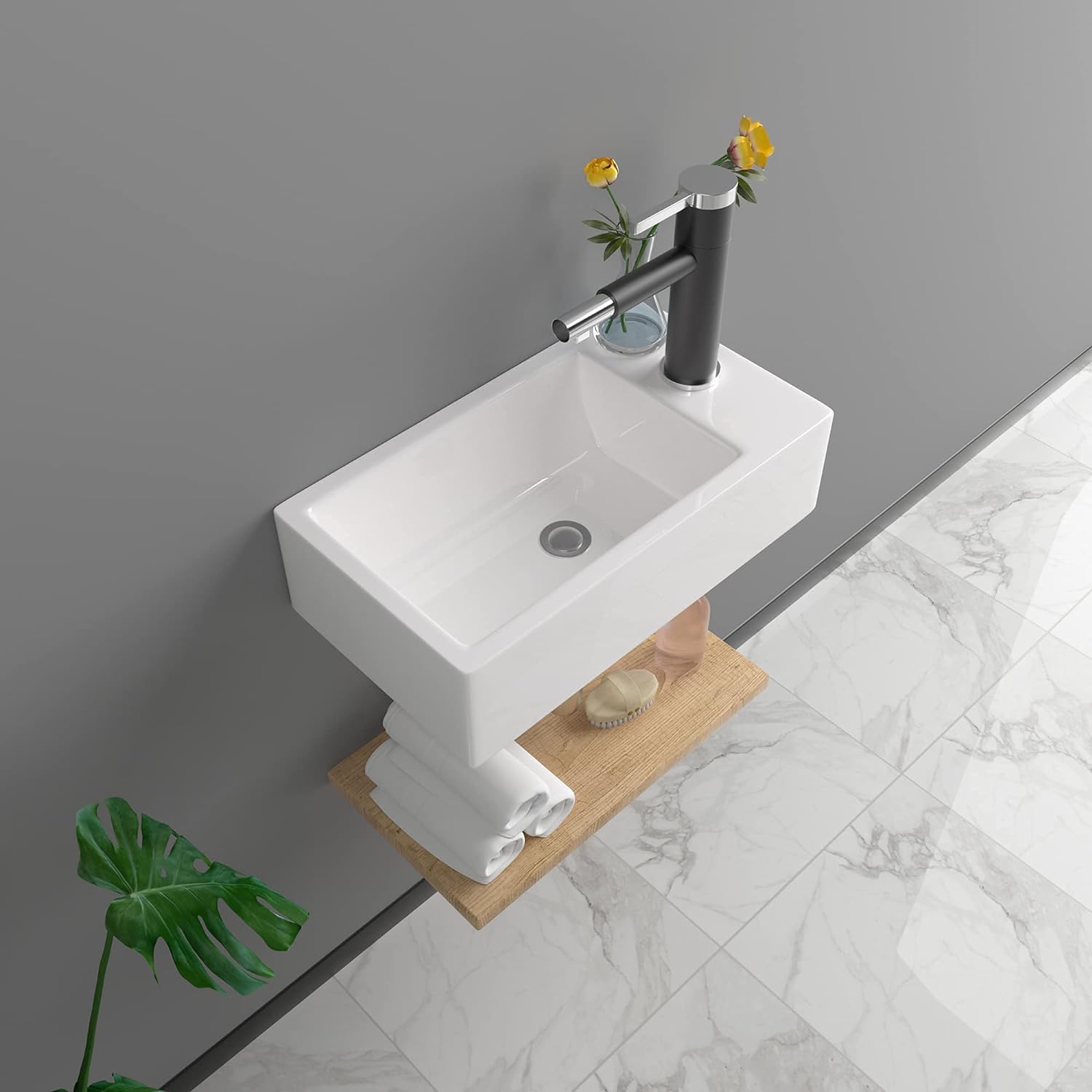 Wall Mount Sink, Lofeyo 18in x10in  Small Bathroom Sink Corner Sink Floating Vessel Sinks Rectangle White Small Vessel Sink For Bathroom Ceramic Porcelain Wall Hung Sink Rectangular Modern Vessel Sink