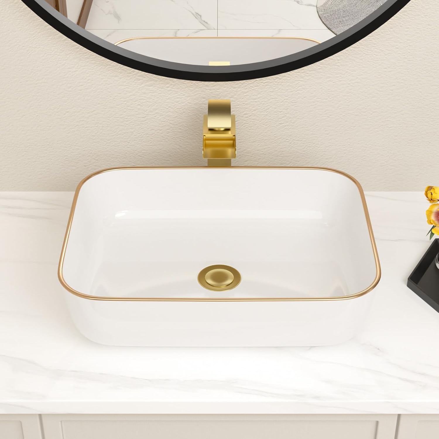 Bathroom Vessel Sink 19in x15in  Rectangule Bowl Sinks for Bathrooms With Gold Rim White Vessel Sink Above Counter Rectangular Ceramic Vessel Bathroom Sink Porcelain Lavatory Vanity Sink Basin