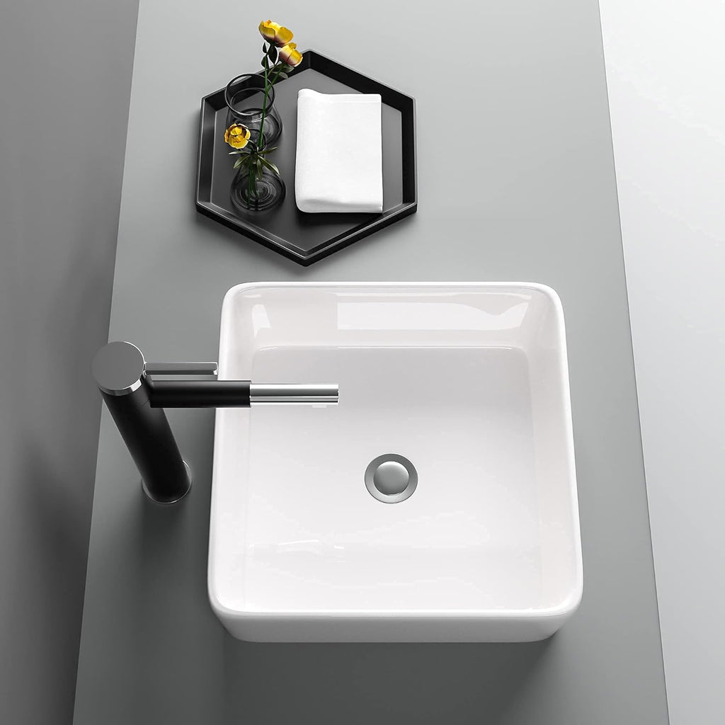 15in x15in  Square Vessel Sink Bathroom Sink Above Counter White Ceramic Porcelain Lavatory Vanity Vessel Sink Basin
