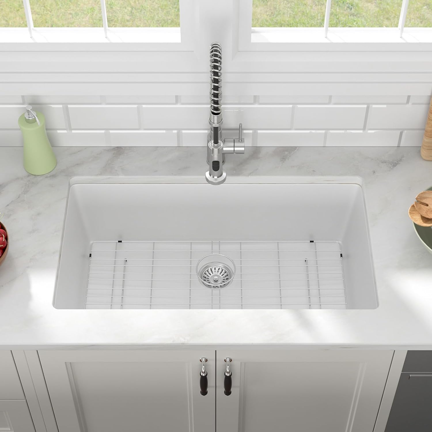 33 Inch White Granite Composite Quartz Undermount Single Bowl Kitchen Sink Under Counter Contemporary Kitchen Deep Sink Basin 33in x19in
