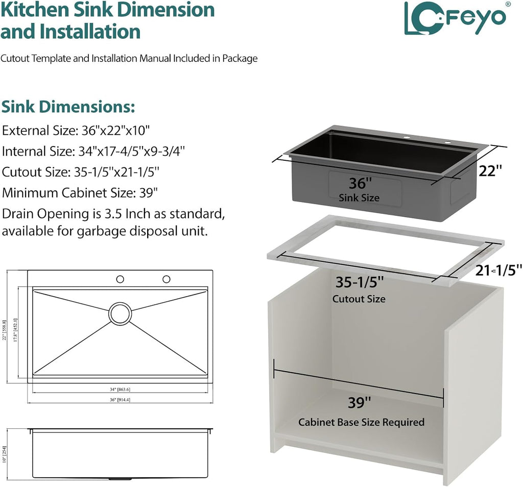36in x19in  Black Drop In Kitchen Sink Workstation Nano Coating 304 Stainless Steel 16 Guage Handmade Topmount Single Bowl Deep Kitchen Sink Basin,LOF-B9990