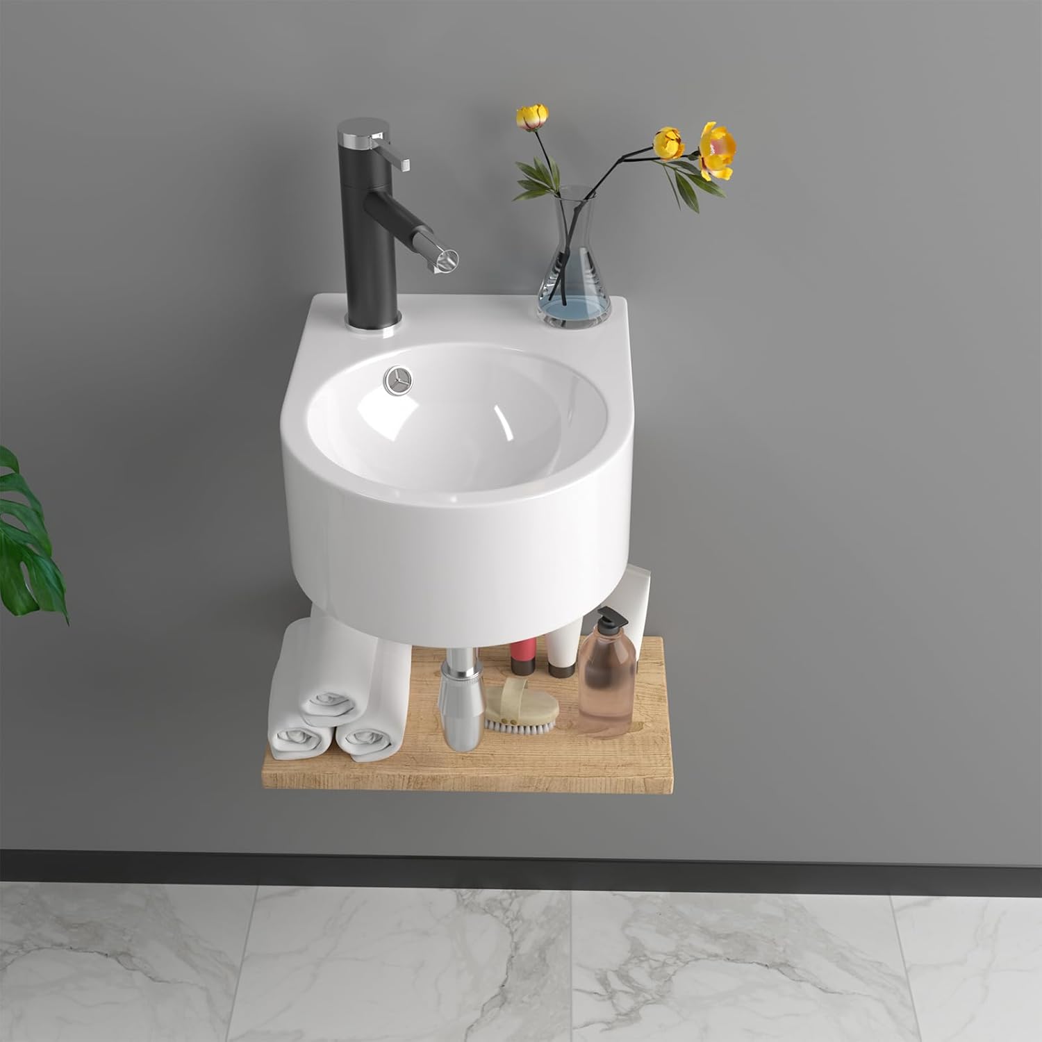 13in X10in  Wall Mount Sink Round Shape Deep Modern Floating Sink Small Corner Sink Tiny Bathroom Sink Round Bowl Sink For Bathrooms Wall Hung Sink Bowl Basin Sink Wall Mount Bathroom Sink