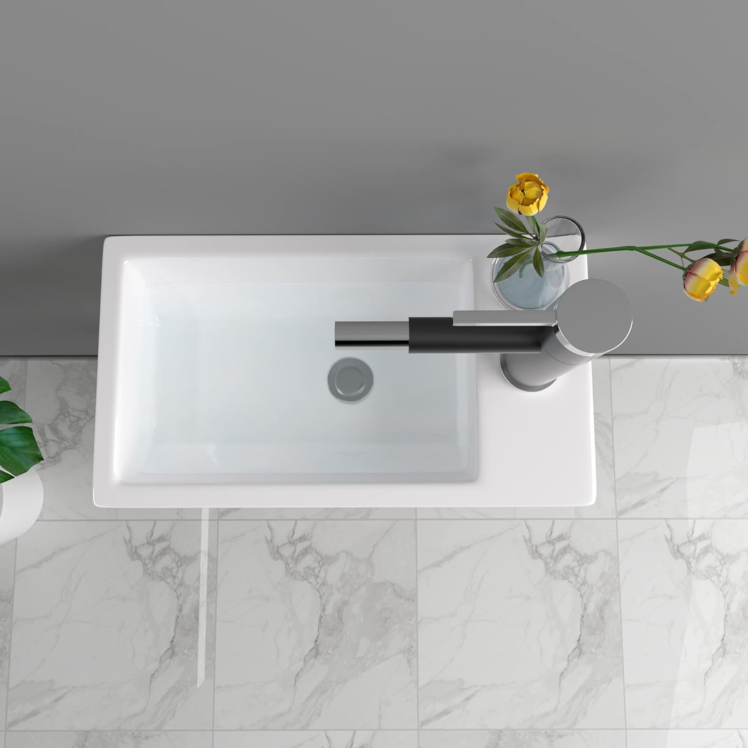 Wall Mount Sink, Lofeyo 18in x10in  Small Bathroom Sink Corner Sink Floating Vessel Sinks Rectangle White Small Vessel Sink For Bathroom Ceramic Porcelain Wall Hung Sink Rectangular Modern Vessel Sink
