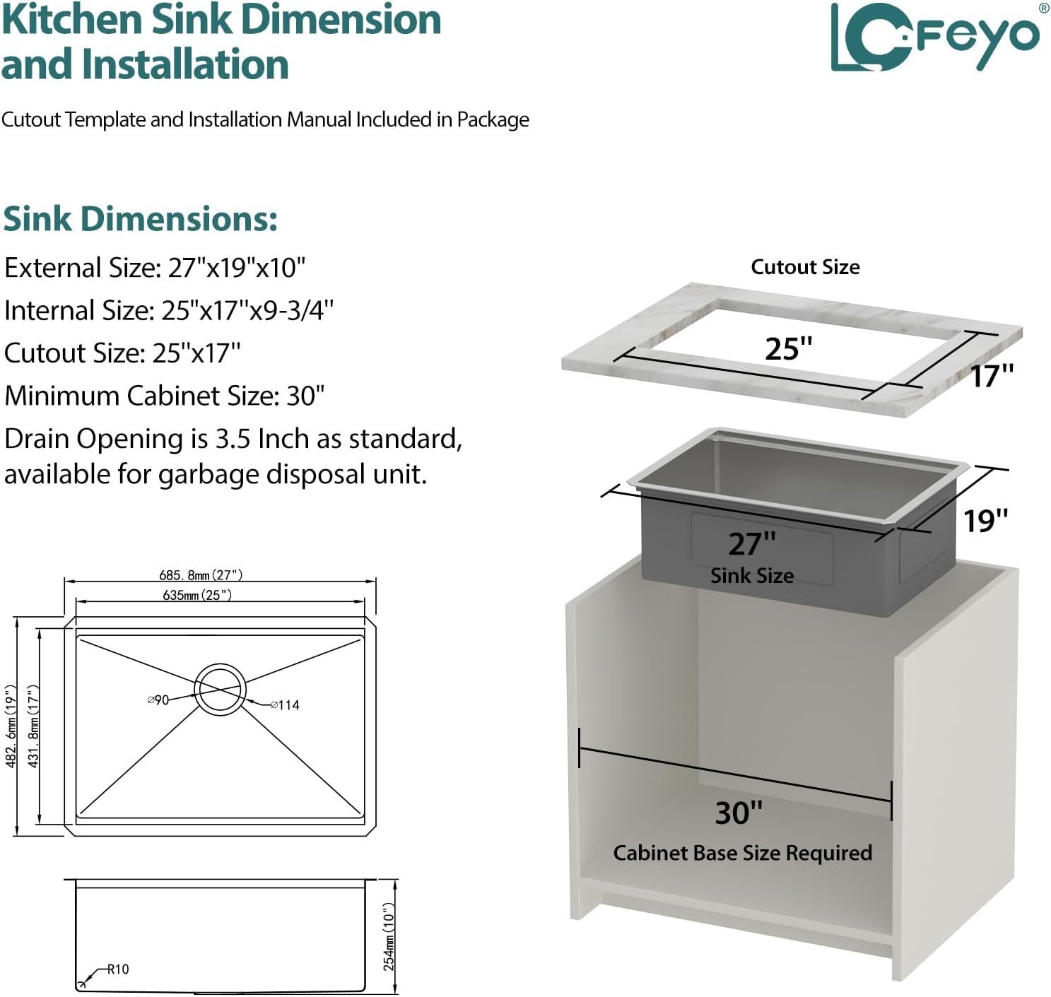 27in x19in  Undermount Workstation Kitchen Sink 304 Stainless Steel 16 Gauge Single Bowl Under Counter Kitchen Ledge Handmade Contemporary Deep Sink Basin