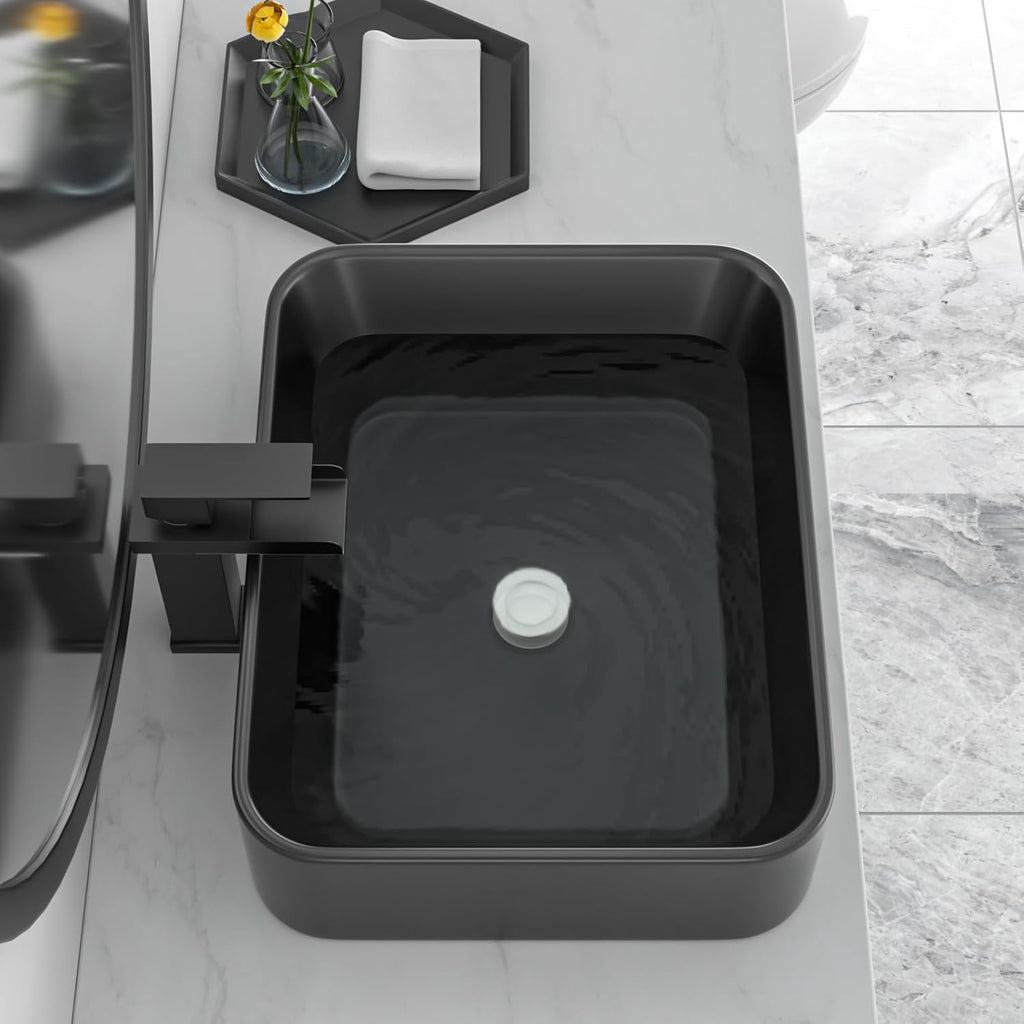 Black Bathroom Sink 19in x15in  Vessel Sink Rectangule Bowl Sinks for Bathrooms Ceramic Above Counter Rectangular Vessel Bathroom Sink Porcelain Modern Large Sink Basin Lavatory Vanity Matte Black