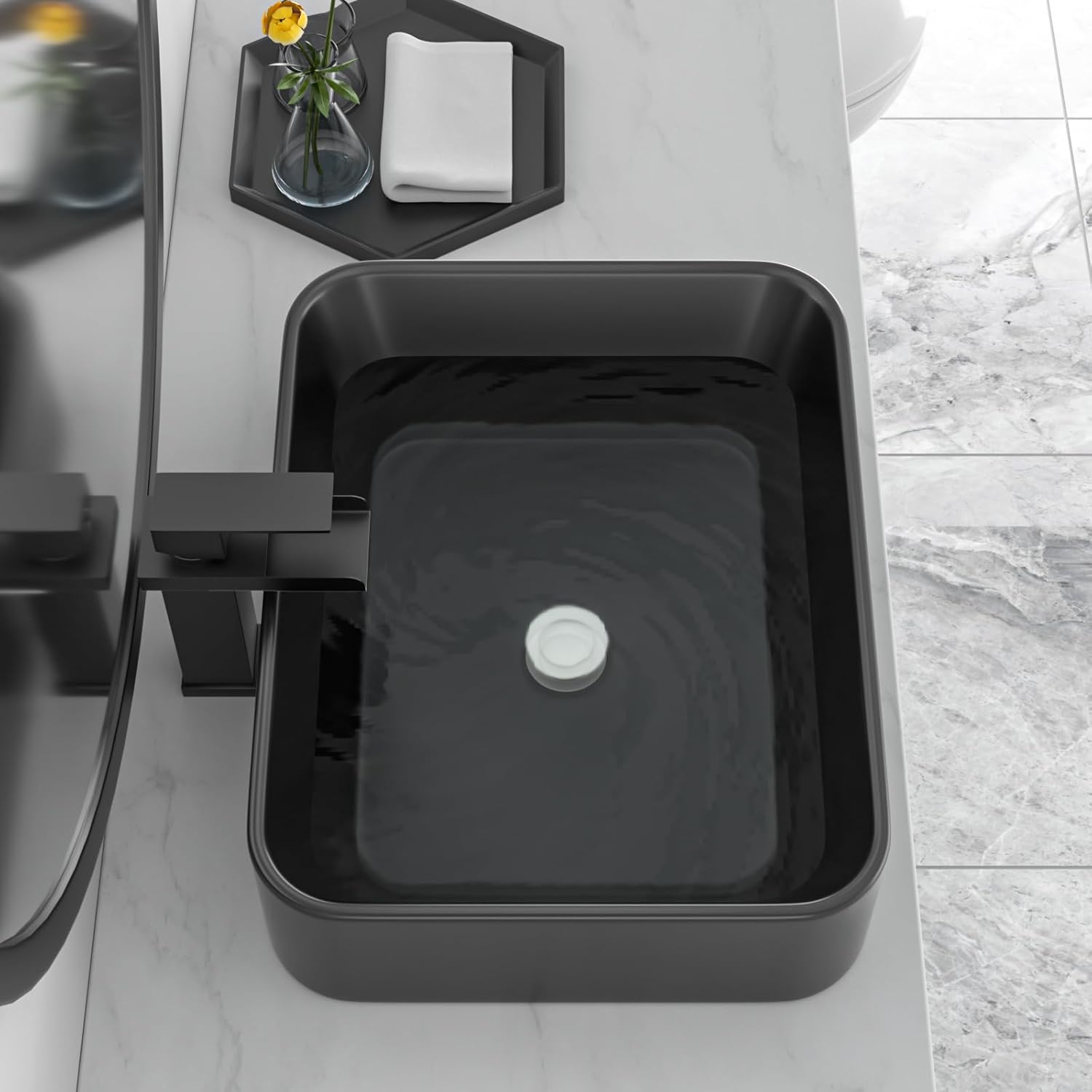 Black Bathroom Sink 19in x15in  Vessel Sink Rectangule Bowl Sinks for Bathrooms Ceramic Above Counter Rectangular Vessel Bathroom Sink Porcelain Modern Large Sink Basin Lavatory Vanity Matte Black