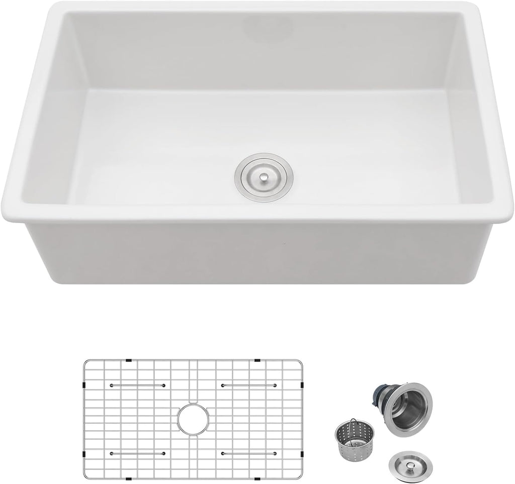 32in  White Undermount Kitchen Sink Lofeyo Farmhouse Fireclay Porcelain Single Bowl Sinks,Dual Mount Round Corner,32in x19in x10in ,LOF-LWFS3219