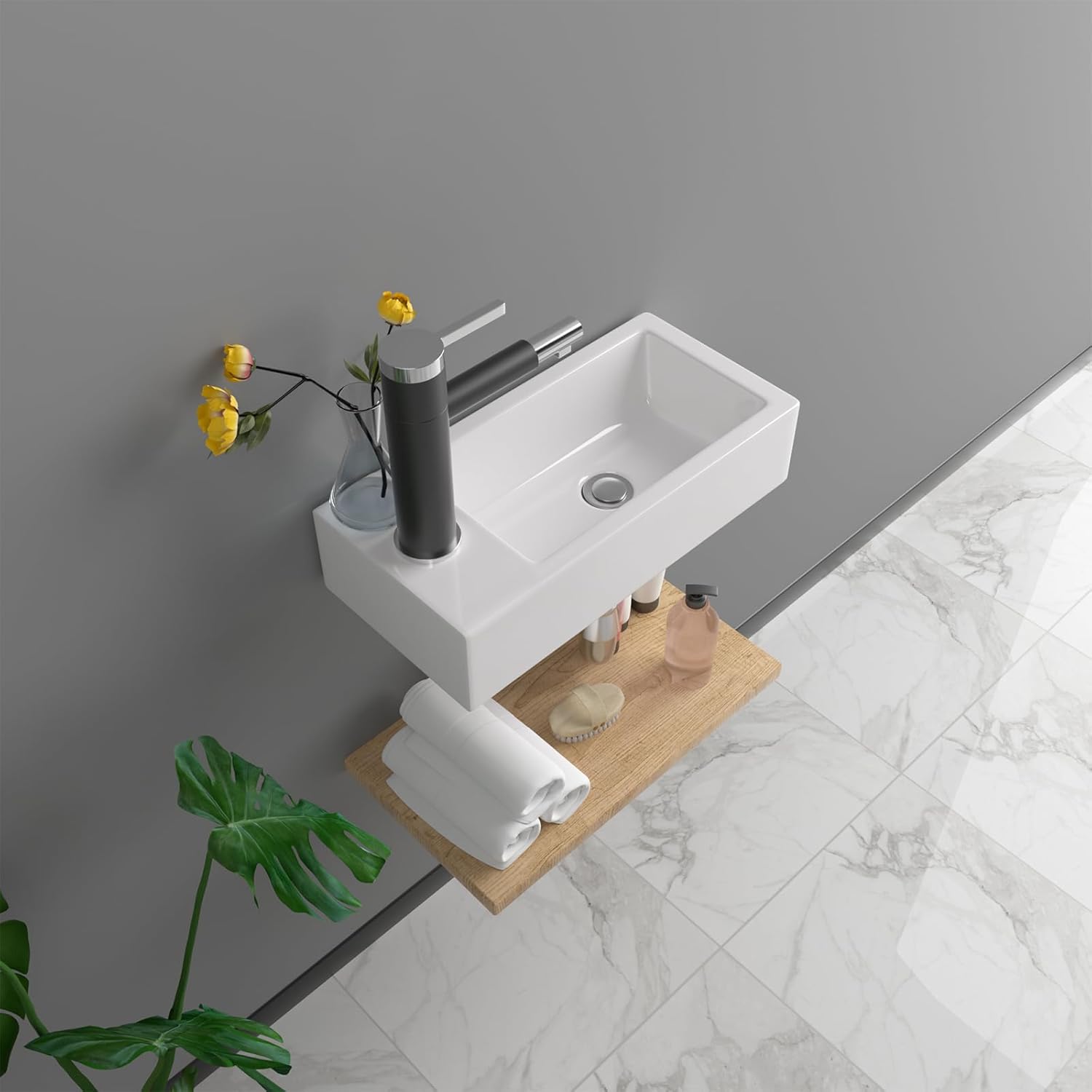 15 Inch Wall-Mounted Vessel Sinks, Lofeyo Bathroom Floating White Ceramic Porcelain Vanity Sink Art Basin with Left Single Faucet Hole