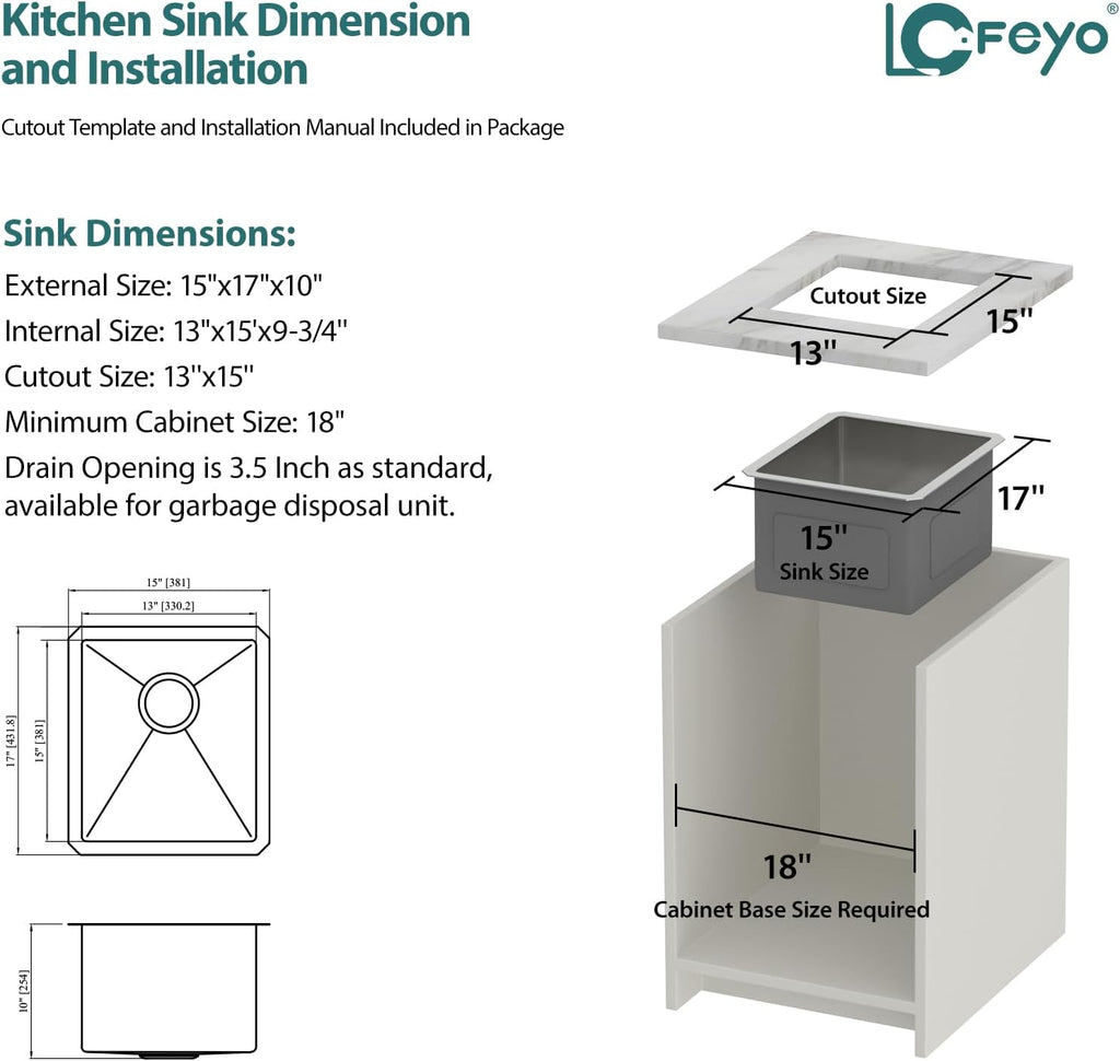 15in x17in  Stainless Bar Sink Undermount Wet Bar Prep Sink Stainless Steel 16 Gauge Single Bowl Deep Under Counter Outdoor RV Camper Garage Kitchen Sink Basin