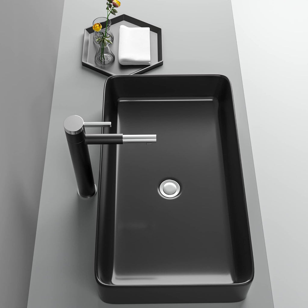24in x14in  Black Bathroom Vessel Sink Rectangle Bathroom Sink Porcelain Ceramic Vessel Sink Above Counter Vessel Sink Bowl for Vanity Powder Room Cabinet Lavatory Matte Black