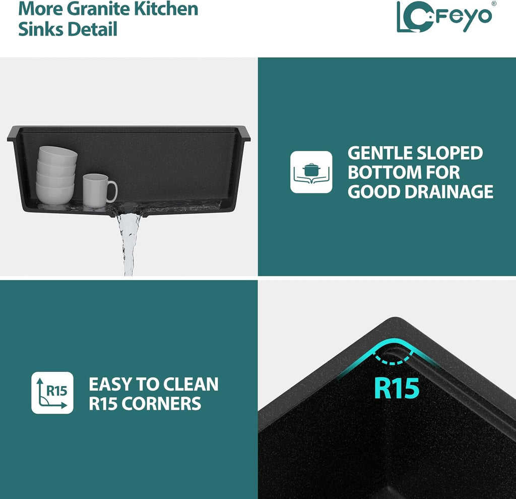 Black Undermount Kitchen Sink 28in x19in  Workstation Granite Composite Quartz Sink Small Granite Sink Quartz Modern Under Counter Ledge Single Bowl Kitchen Sinks Basin Deep Sink,LOF-Q457C