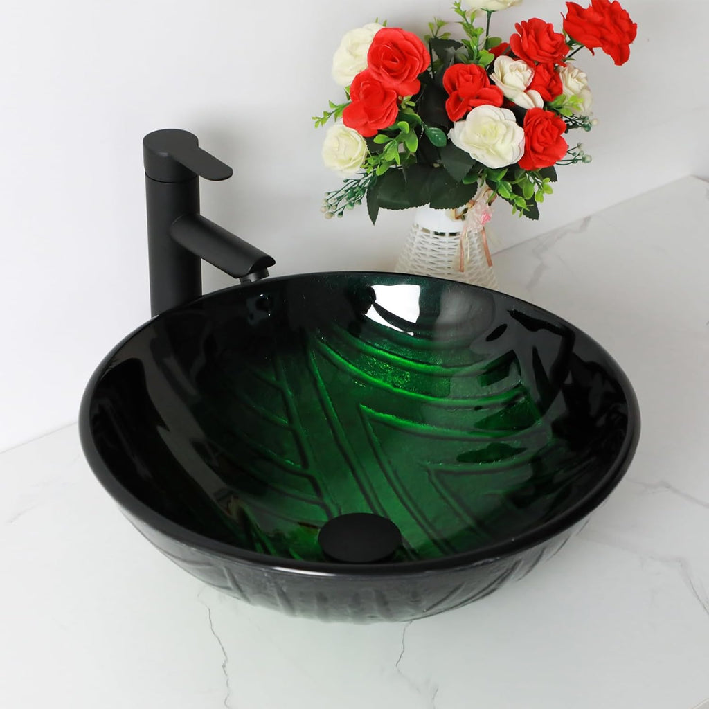 Small Bathroom Sink 17in  Green Glass Vessel Sink With Faucet And Drain Combo Modern Round Shape Artistic Basin Bathroom Vessel Sink Above Counter Small 5in  Deep Vessel Sink LOF-BL33556
