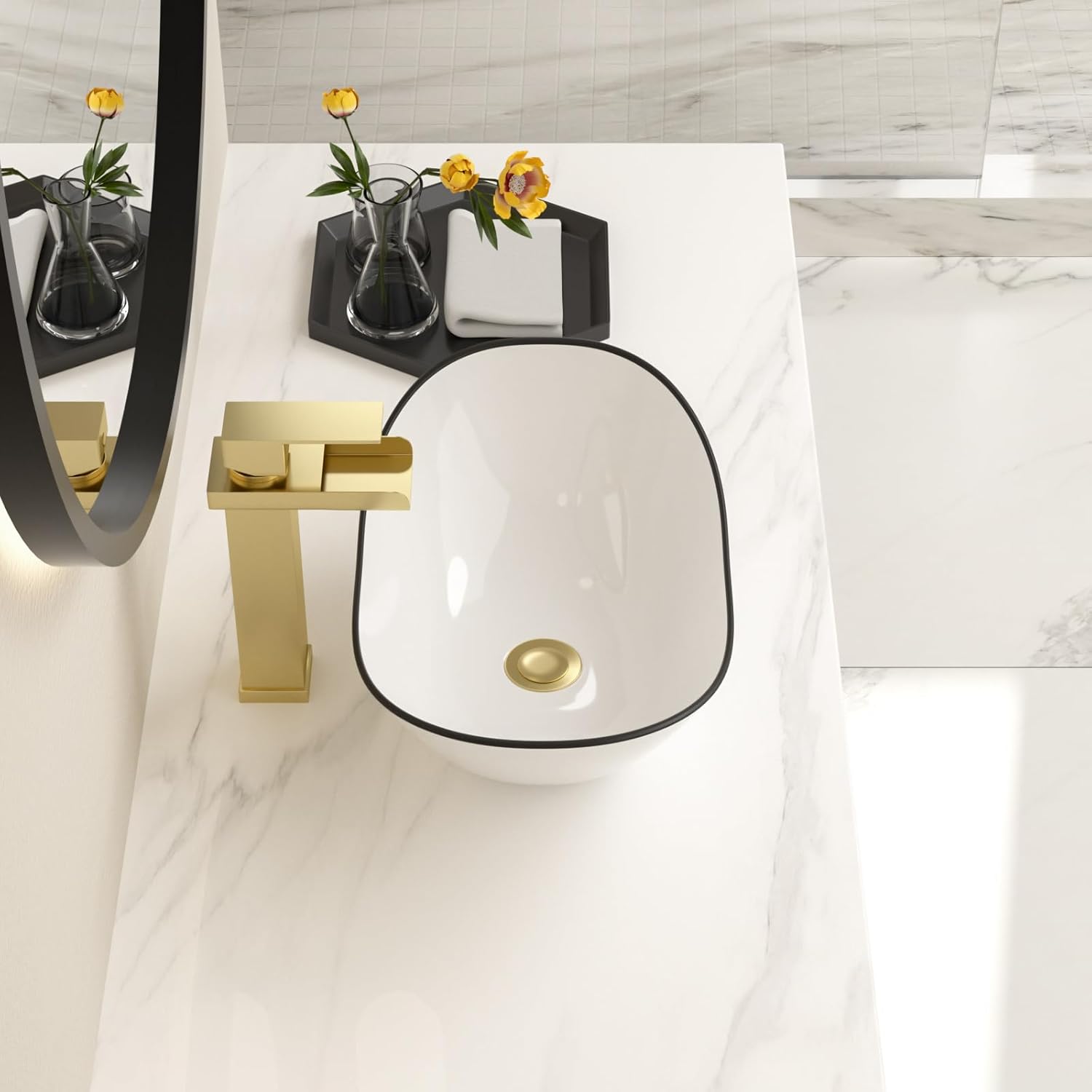 Bowl Sinks For Bathrooms 17in x11in  Oval White Vessel Sink With Black Rim Modern Boat Shape Artistic Basin Bathroom Vessel Sink Above Counter Porcelain Ceramic Vessel Sink Small Deep Vessel Sink