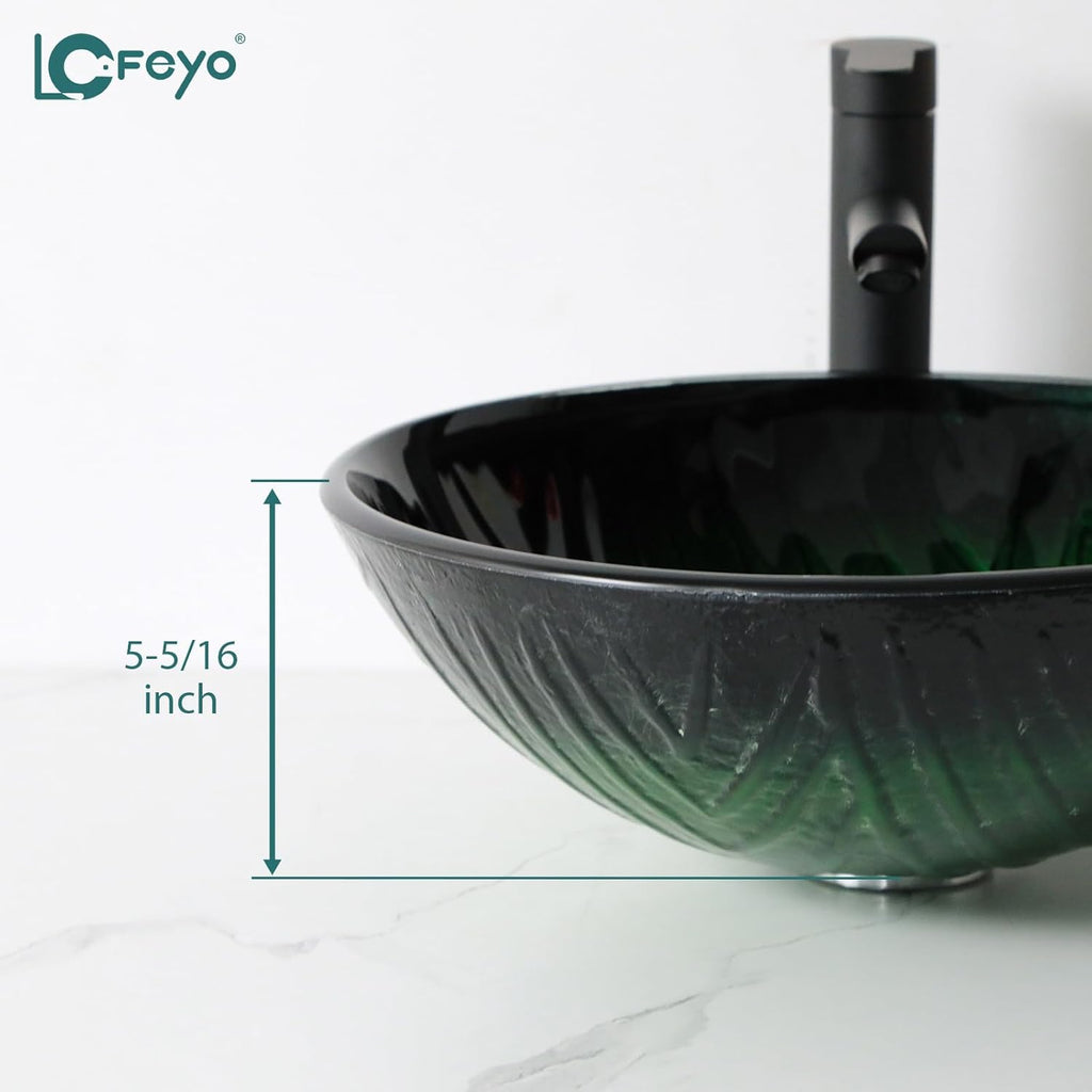 Small Bathroom Sink 17in  Green Glass Vessel Sink With Faucet And Drain Combo Modern Round Shape Artistic Basin Bathroom Vessel Sink Above Counter Small 5in  Deep Vessel Sink LOF-BL33556