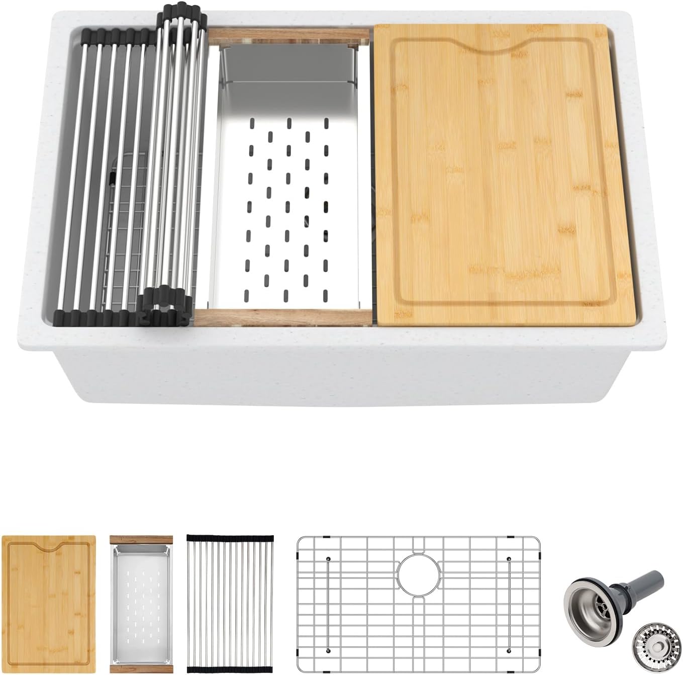White Undermount Kitchen Sink 28in x19in  Workstation Granite Composite Sink Small Granite Sink Undermount Quartz Modern Under Counter Ledge Single Bowl Kitchen Sinks Basin Deep Sink,LOF-Q454S
